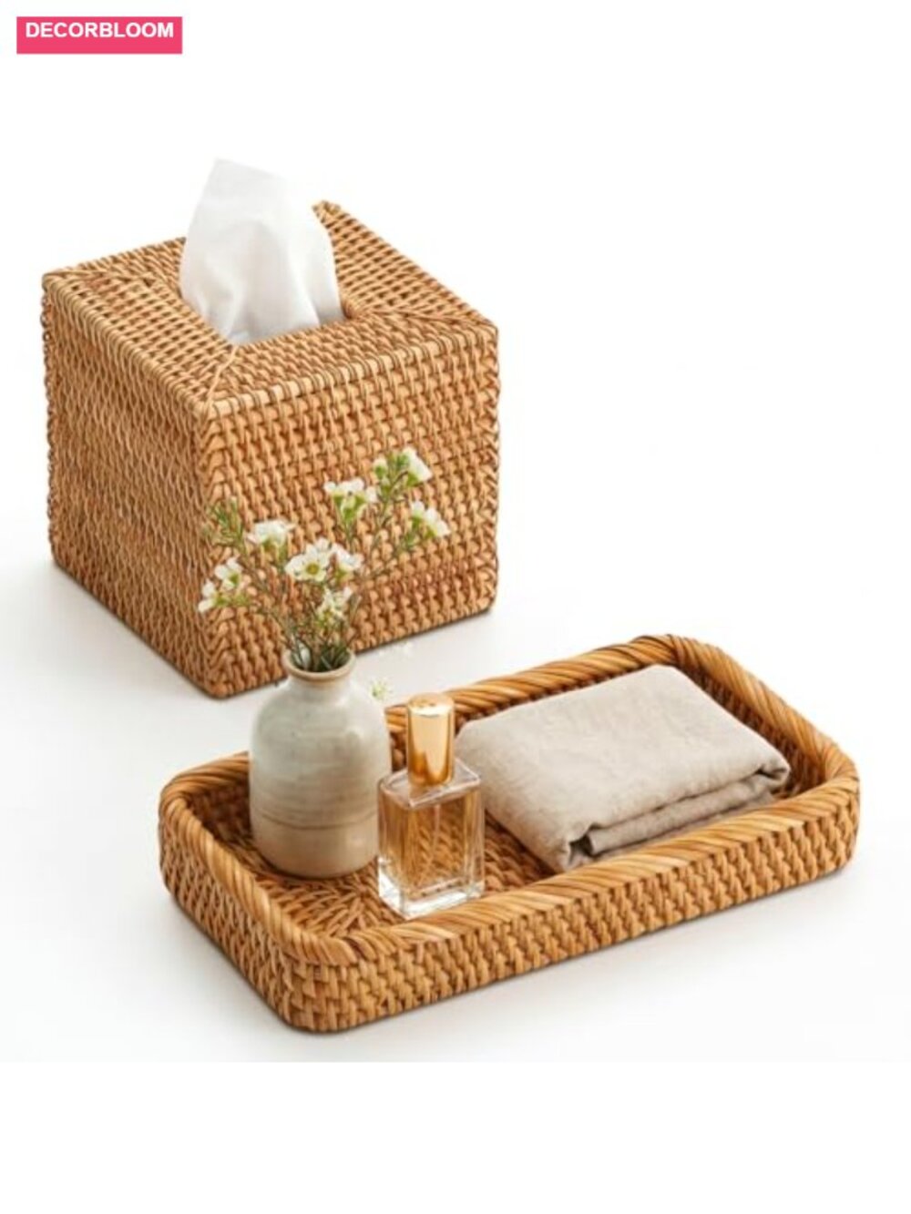Rattan Tissue Box Cover & Vanity Tray Set Wicker Bathroom Accessories Boho